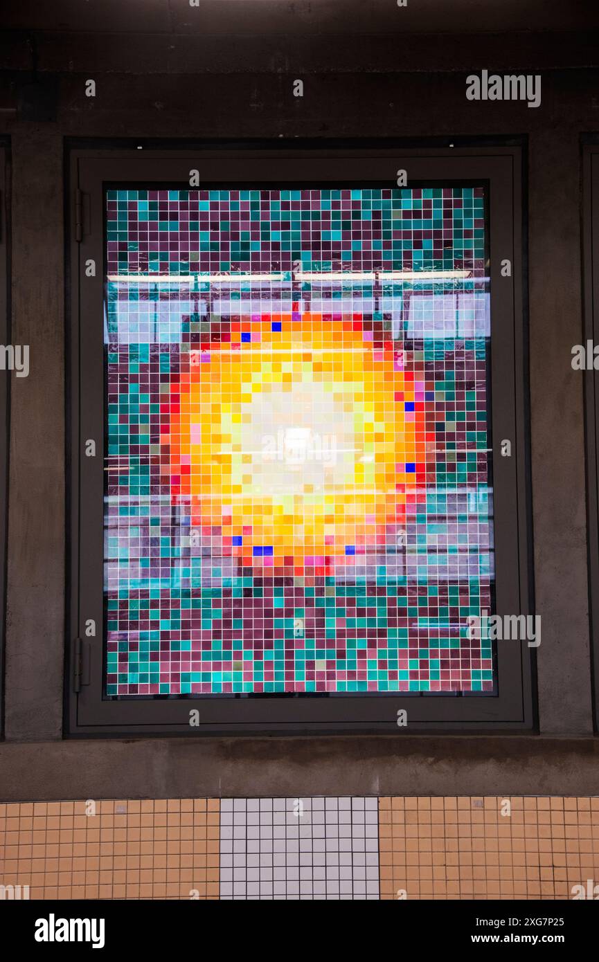 Sun mosaic mural at Place d'Armes Metro station in downtown Montreal ...