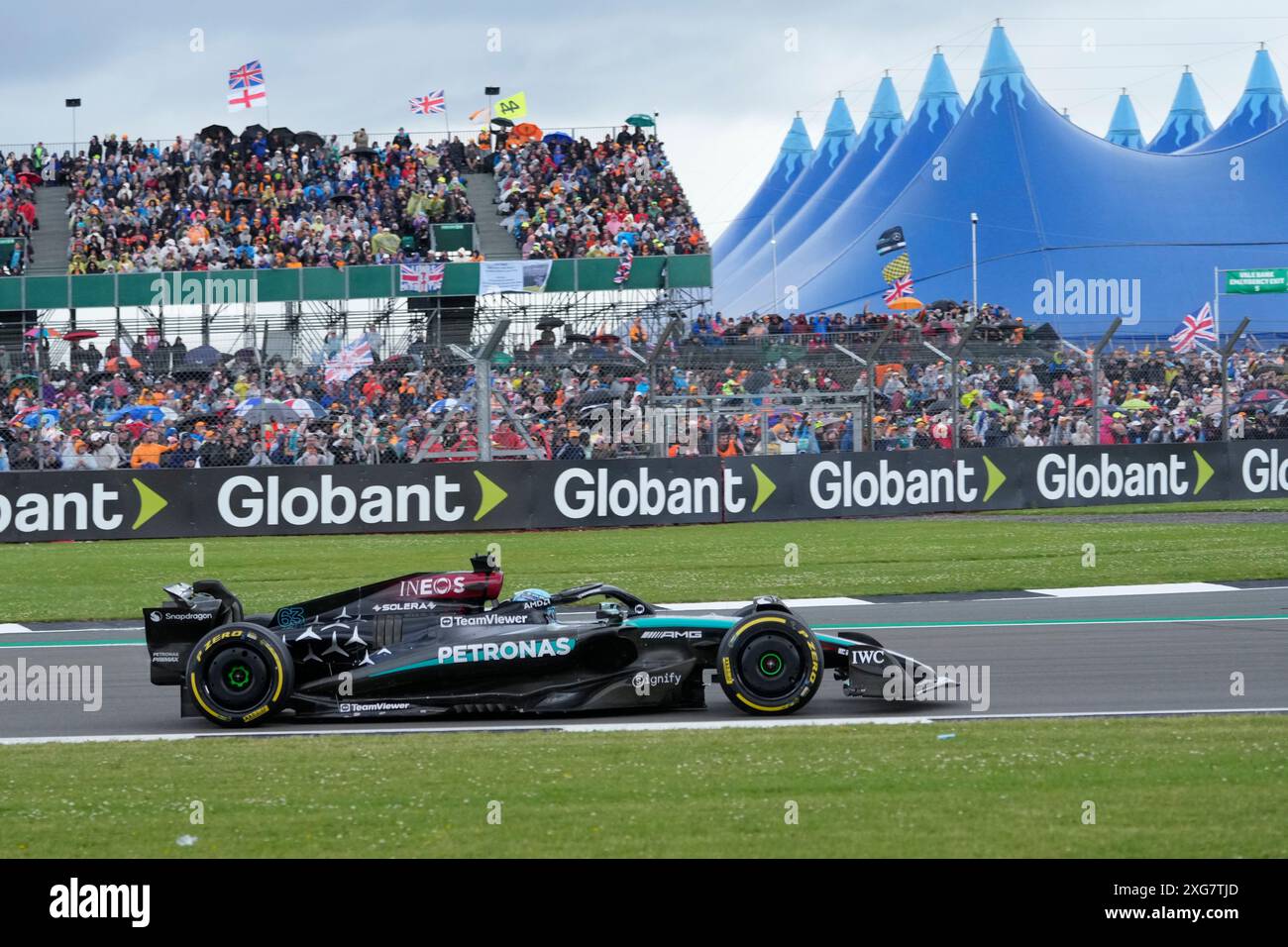 Mercedes driver George Russell of Britain steers his car during the ...