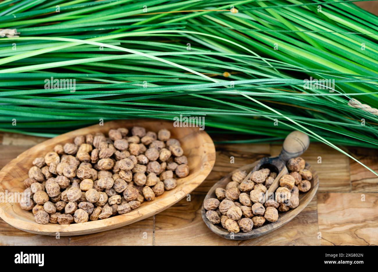 Tigernut Cyperus Esculentus On Olive Wood Stock Photo Alamy