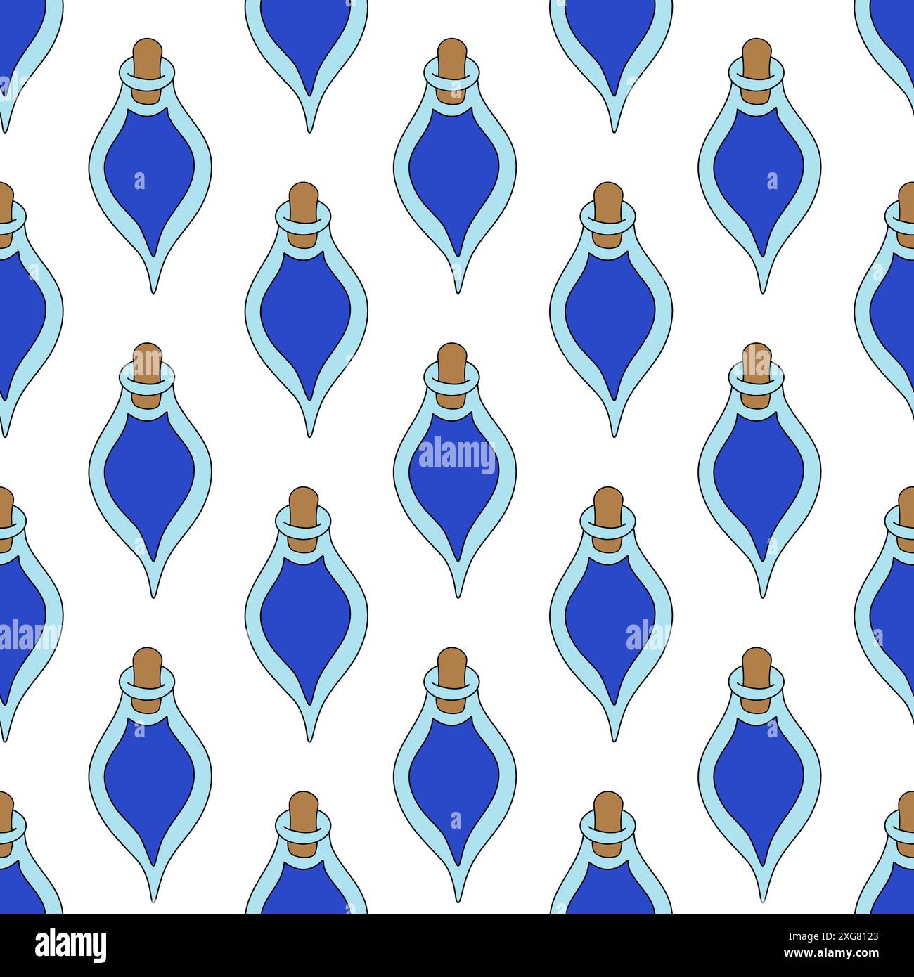Seamless Pattern. Bottle of blue poison with cork. Halloween witch equipment background. Vector flat illustration. Stock Vector