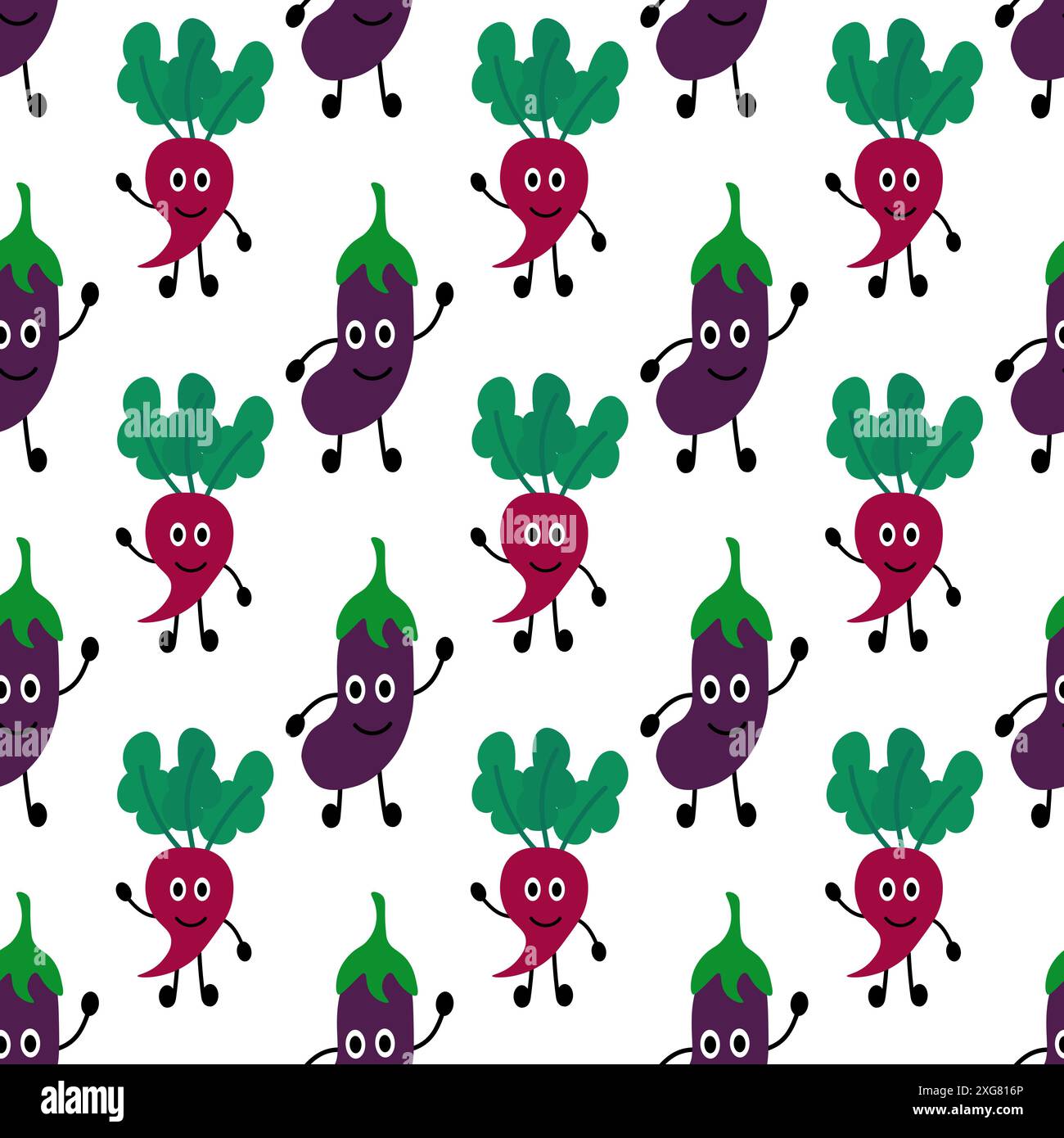Friendly Beetroot and eggplant Seamless Pattern. Summer vegetable background. Vegan raw. Vegetarian food. Farm market product. Vector flat Stock Vector
