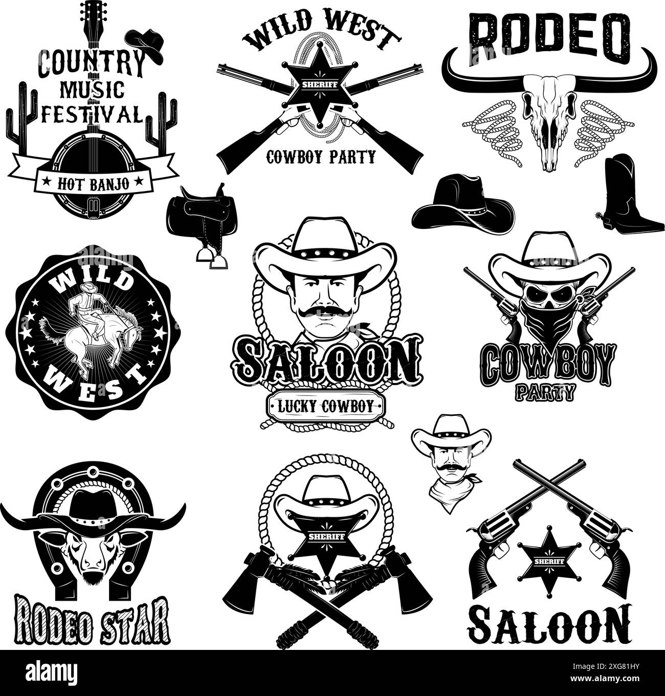 Cowboy rodeo, wild west labels. Country music party.  Design elements for logo, label, emblem, sign, badge. Stock Vector