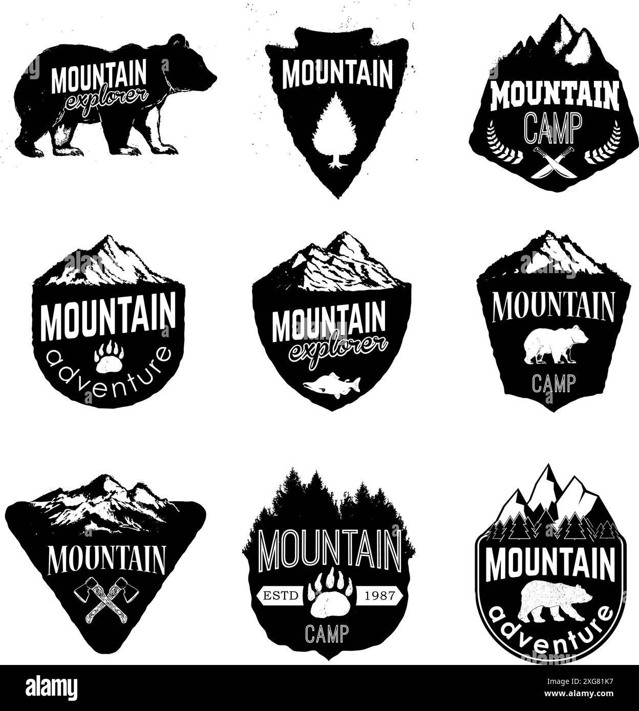 Mountain camp badges templates with mountains and trees isolated on white background. Camp outdoor adventure concept illustration Stock Vector