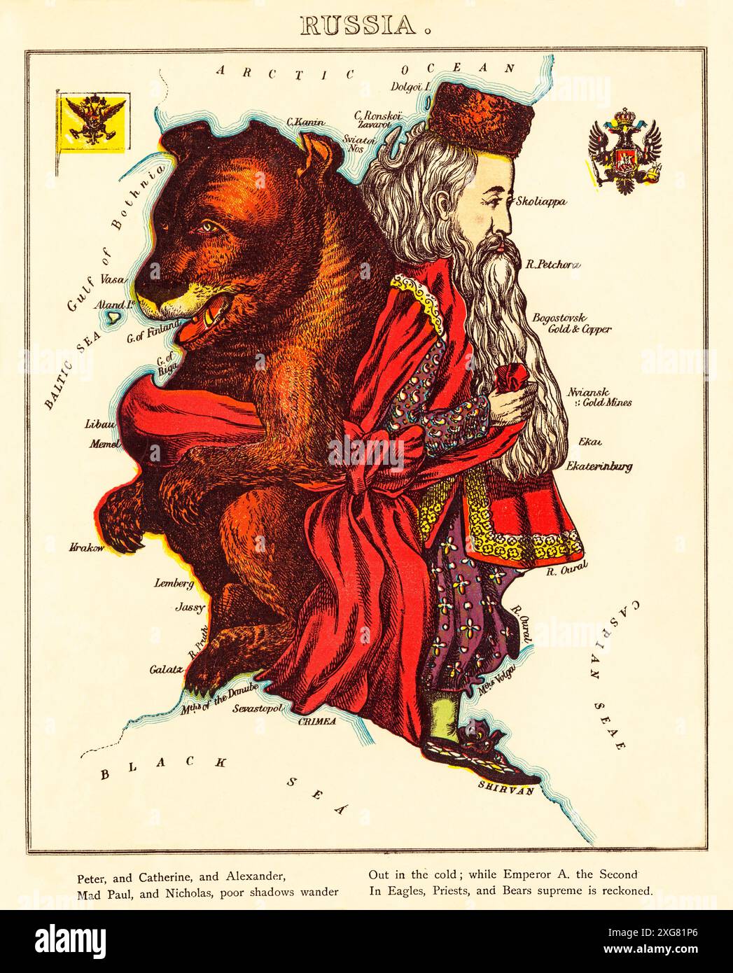 A cartoon map of Western Russia from the second half of the 19th-century featuring a Russian Bear and a Tsar. Designed and painted  by Elizabeth Lilian Lancaster, (1852-1939), an amateur artist who created a series of humorous maps of European countries. Stock Photo