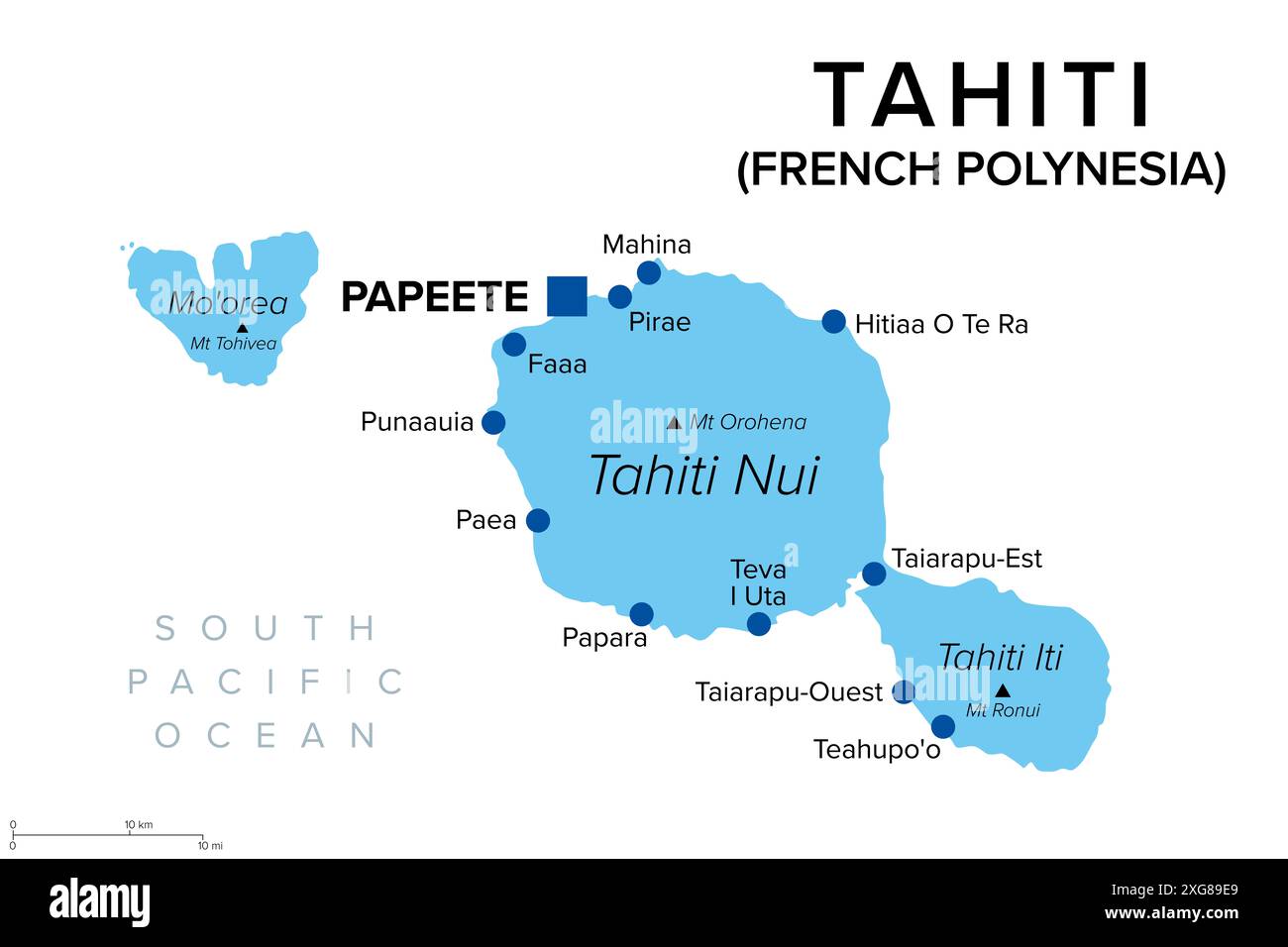 Tahiti, French Polynesia, political map. Largest island of Windward group of Society Islands, with capital Papeete. Overseas collectivity of France. Stock Photo