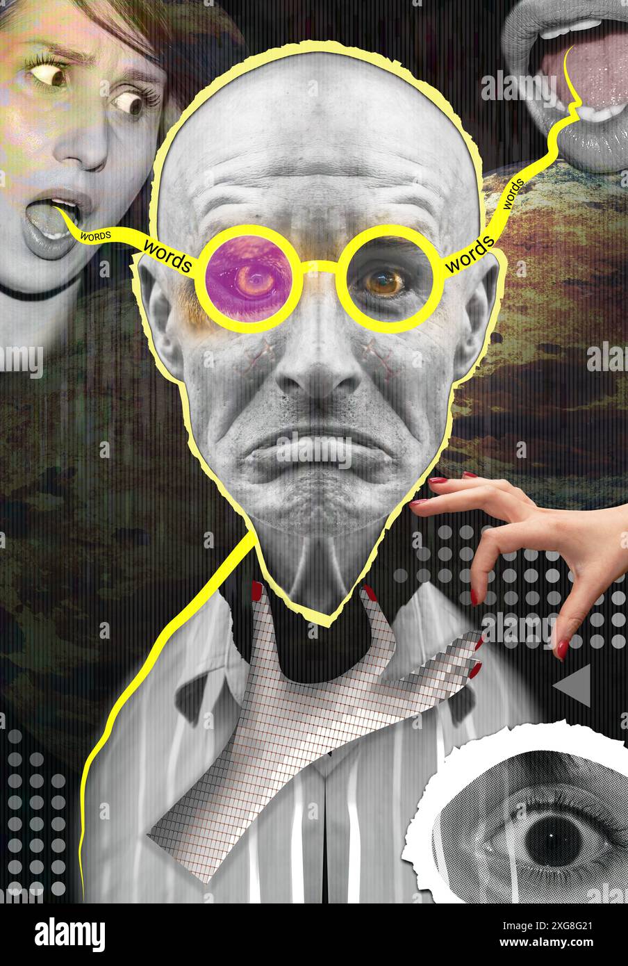 Contemporary art collage. The concept of the influence of words on a person s worldview, on his self-esteem and view of the surrounding world. Stock Photo