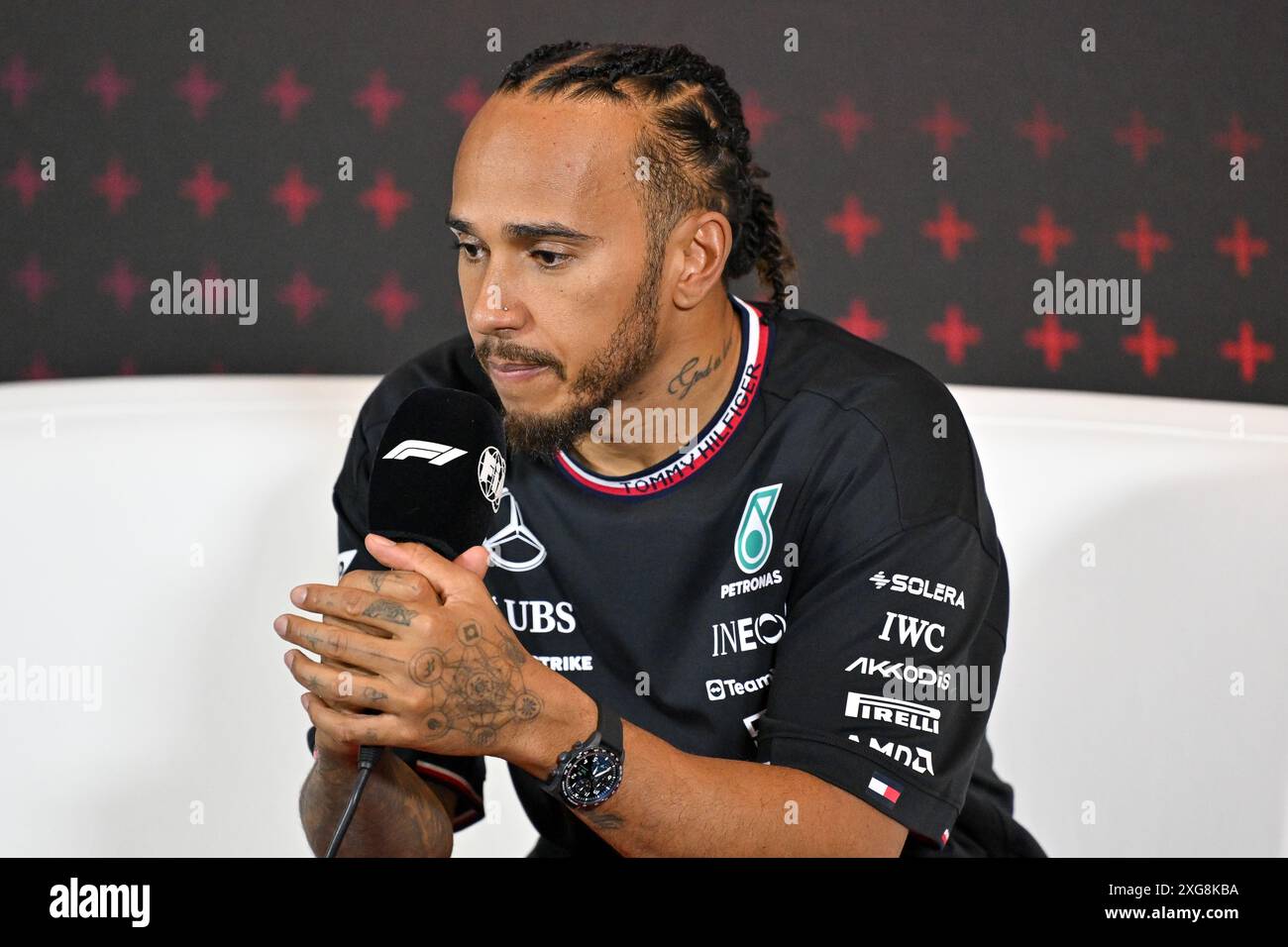 Towcester, UK, 07 July 2024. Lewis Hamilton during the post race media interview as he wins , Max Verstappen 2nd and Lando Norris 3rd in the Formula 1 Qatar Airways British Grand Prix at Silverstone, Towcester, Northamptonshire, UK. Stock Photo