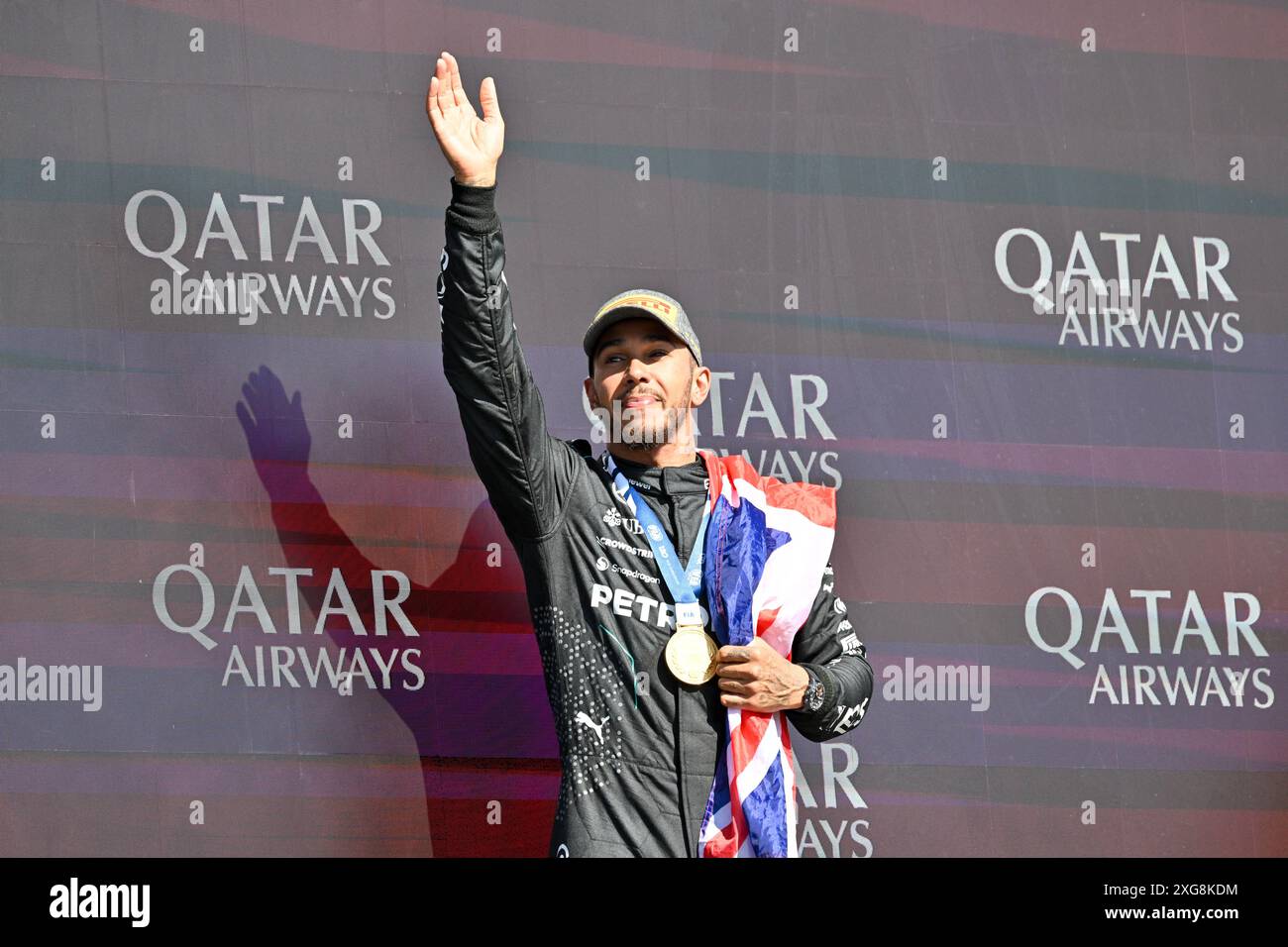 Towcester, UK. 07th July, 2024. Lewis Hamilton celebrates as he wins