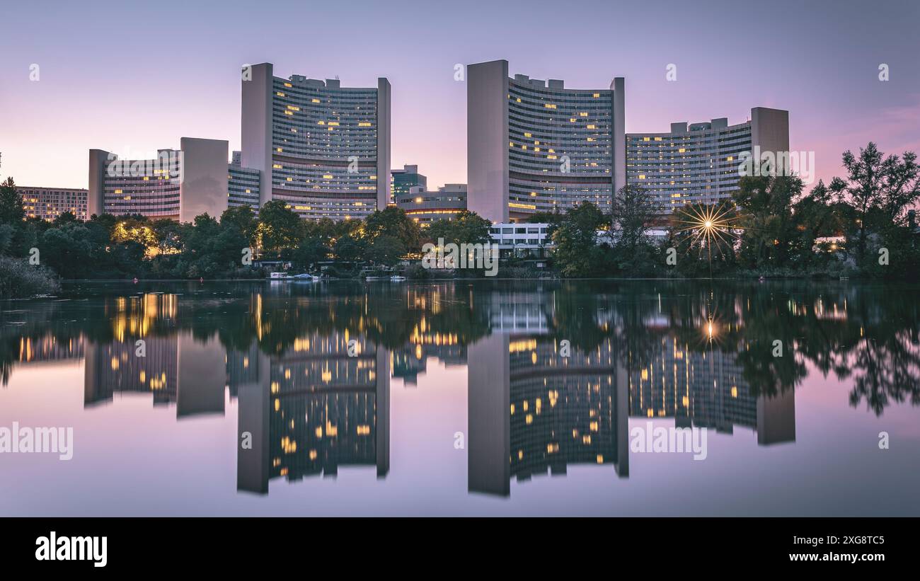 Internationales Zentrum Wien (Vienna International Centre, VIC) - UNO City Vienna, Austria at dusk, blue hour. Stock Photo