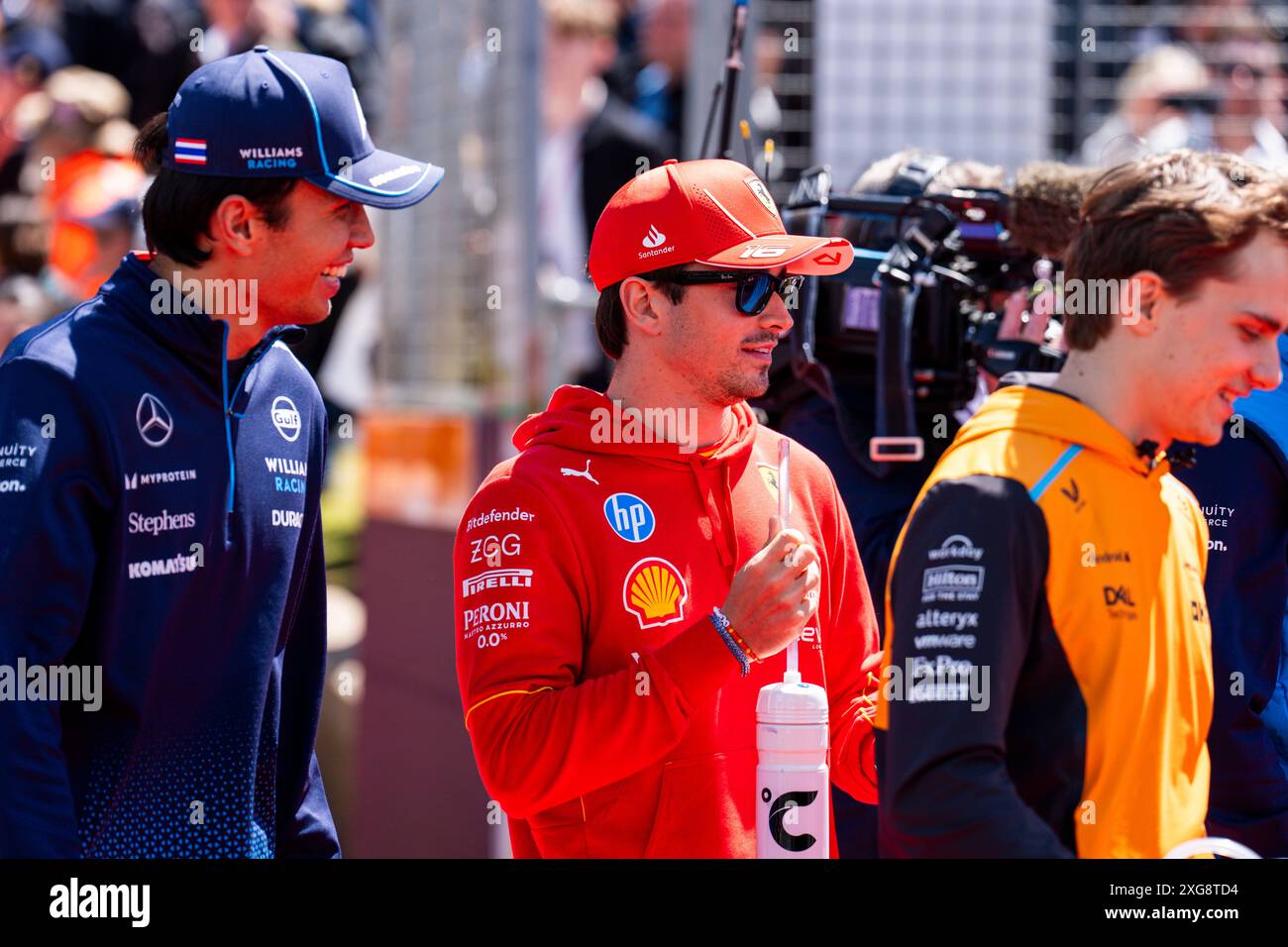 Silverstone, UK. 07th July, 2024. Driver Parade Fernando Alonso (ESP) - Aston Martin Aramco F1 Team - Aston Martin AMR24 - Mercede Oscar Piastri (AUS) - McLaren Formula 1 Team - McLaren MCL38 - Mercedes  Charles Leclerc (MON) - Scuderia Ferrari - Ferrari SF-24 - Ferrari   during Race Day, on day 4, sunday july 7, 2024 of the formula 1 qatar airways british grand prix 2024, scheduled to take place at the silverstone circuit from july 5 to july 7, 2024 Credit: Alessio De Marco/Alamy Live News Stock Photo