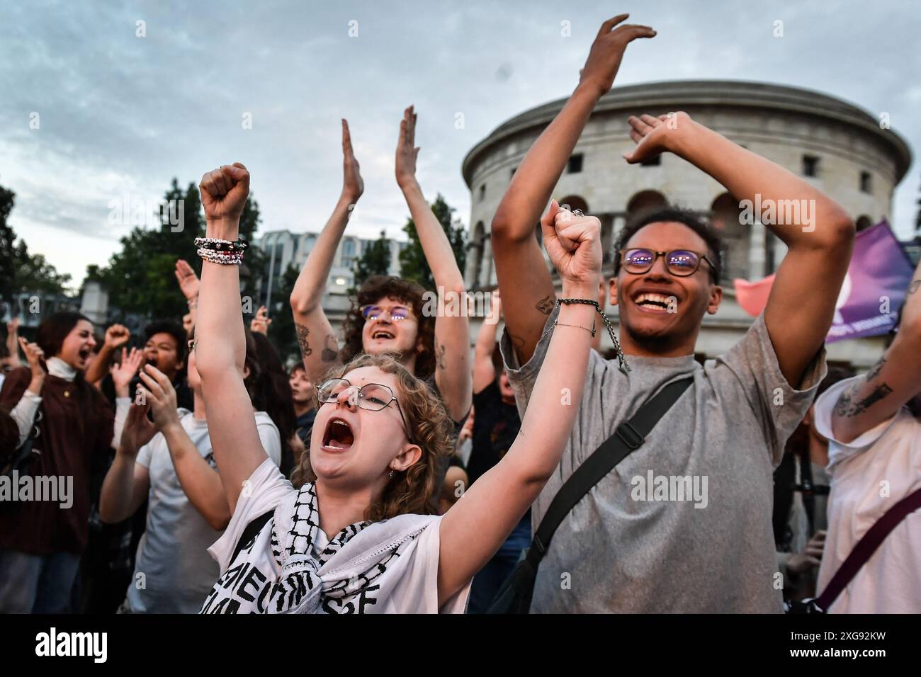 Paris, France. 07th July, 2024. Demonstrators celebrate during the New