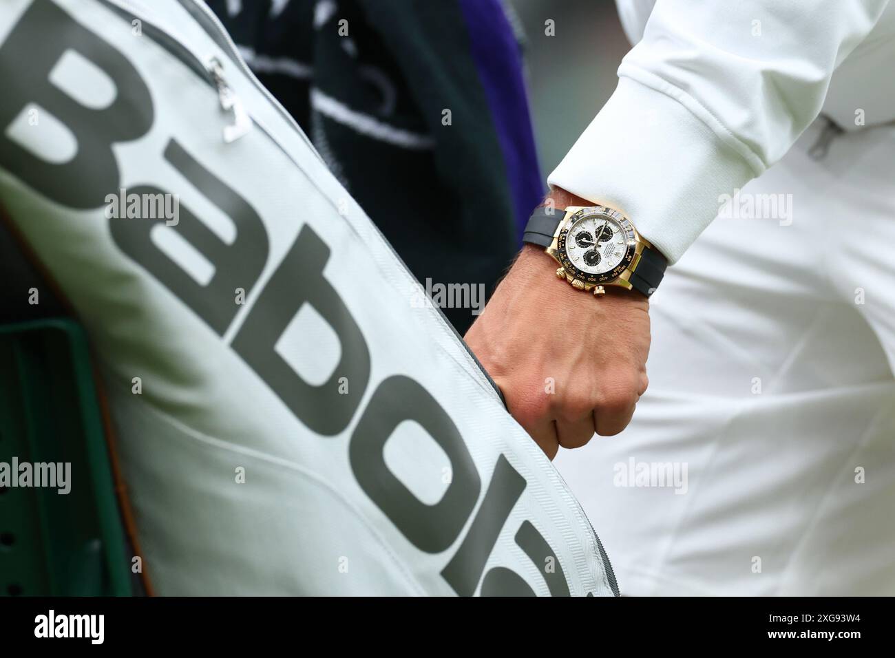 London, UK. 7th July 2024; All England Lawn Tennis and Croquet Club, London, England; Wimbledon Tennis Tournament, Day 7; Detail view of the Rolex Daytona 116518LN-0076 worn by Carlos Alcaraz (ESP) after his fourth round match against Ugo Humbert (FRA) Credit: Action Plus Sports Images/Alamy Live News Stock Photo