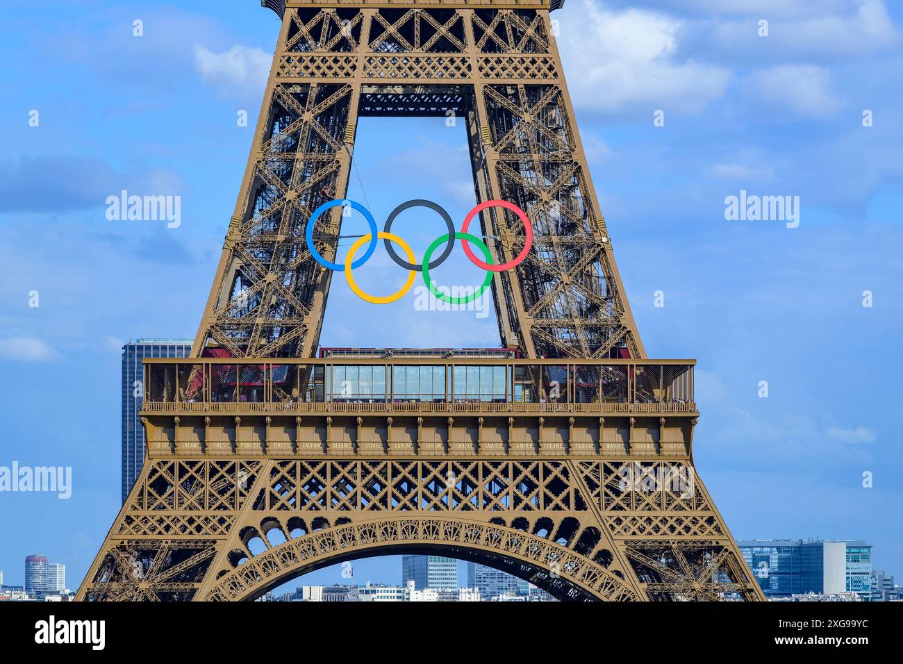 Eiffel Tower ready for the Olympics, Paris Stock Photo