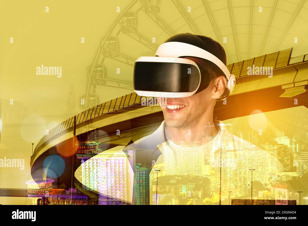 Developer using virtual reality headset in project. Modern technology. Double exposure of man and cityscape Stock Photo