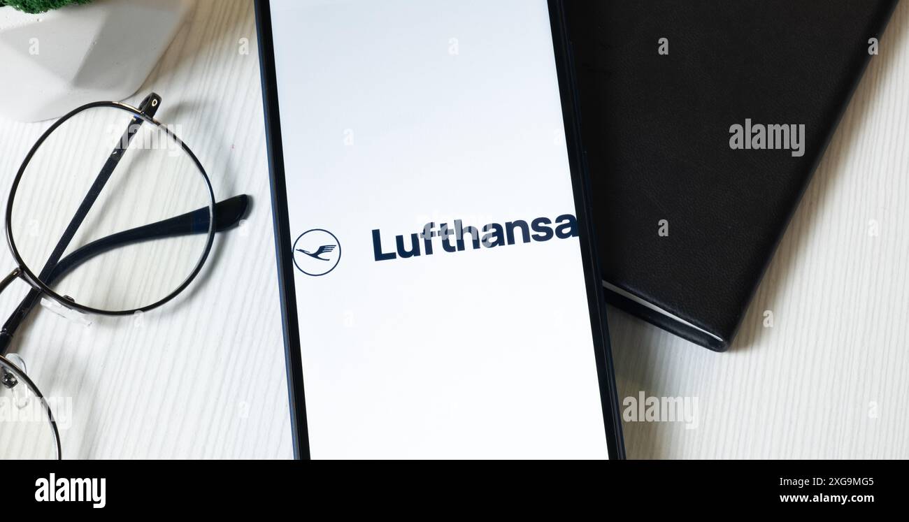 New York, USA - 1 June 2024: Lufthansa Logo on Phone Screen, Company Icon. Stock Photo