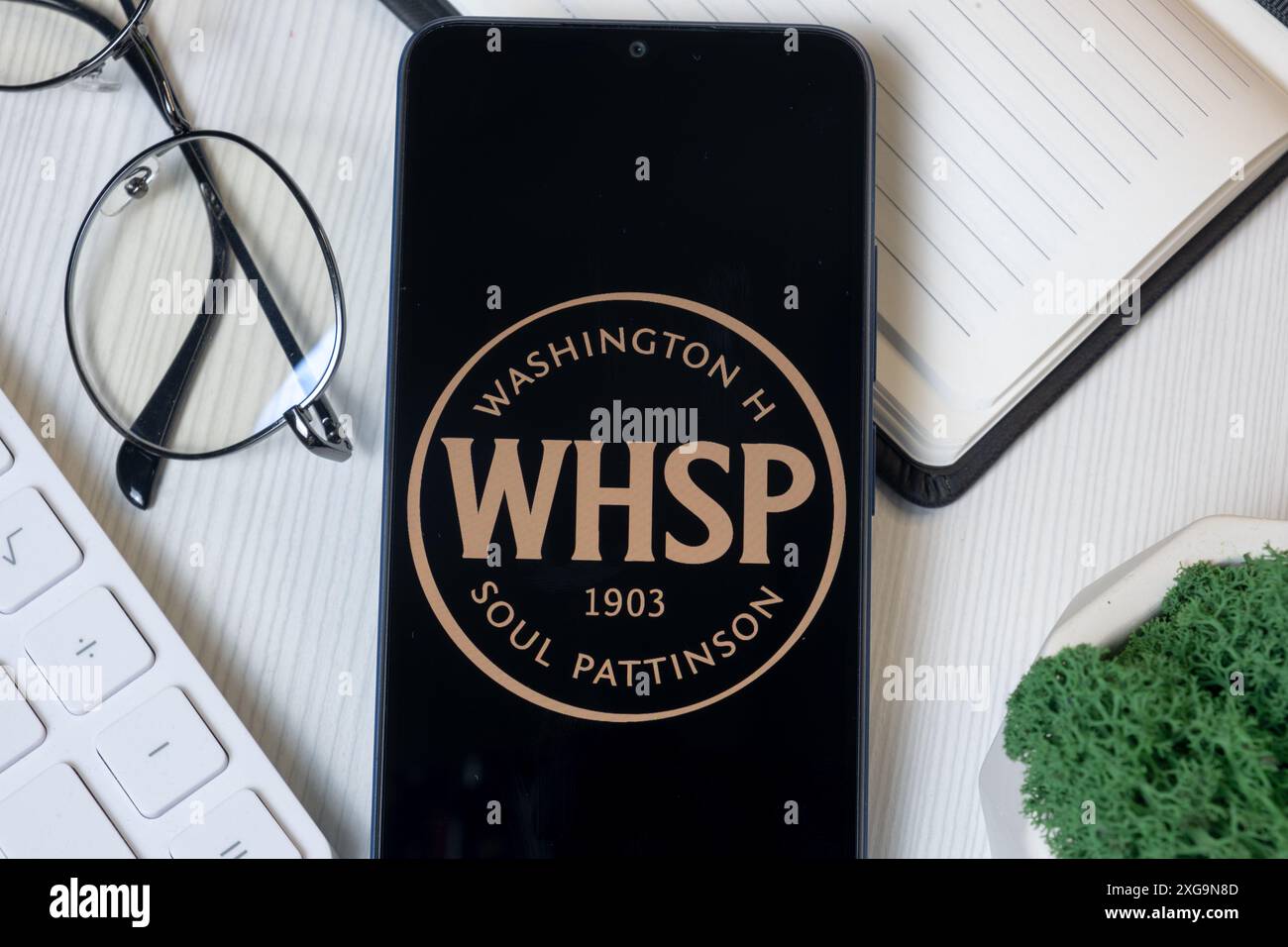 New York, USA - 1 June 2024: Washington H. Soul Pattinson and Company WHSP Logo on Phone Screen, Company Icon. Stock Photo