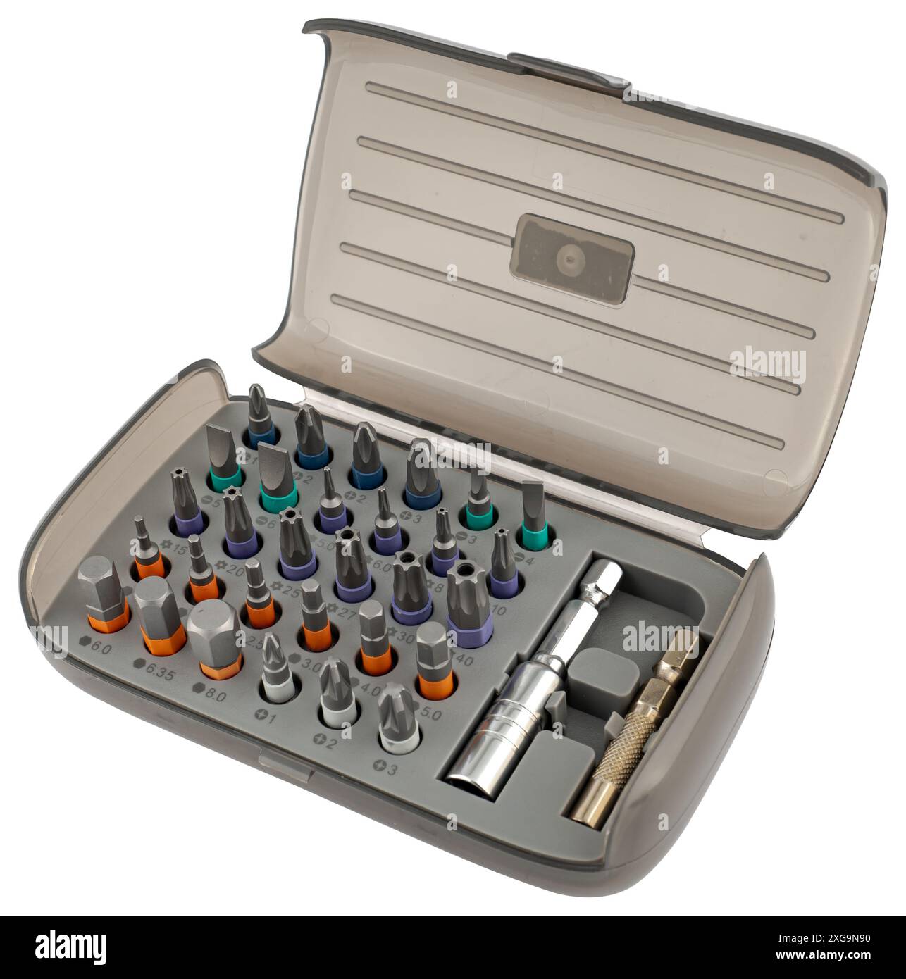 case with bit set for electric screwdriver, on white background in ...
