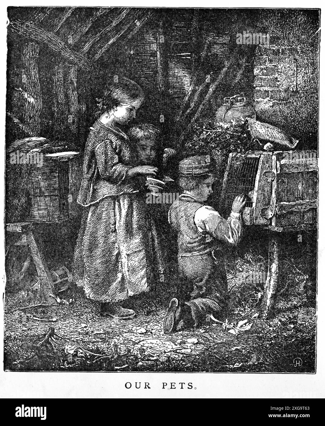 Engraving of children playing with their pets in the barn, circa 1880