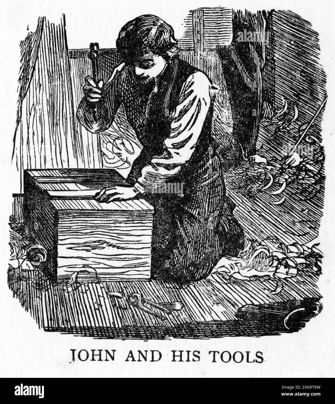 Engraving Of John Working With His Tools To Make A Wooden Box Circa best-way-on-how-to-make-a-simple-bow-with-ribbon-christmas-bows-diy