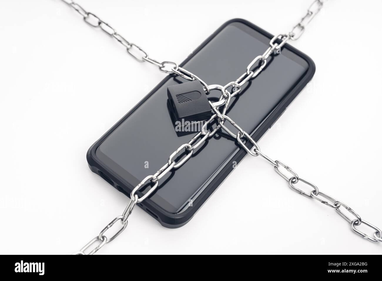 Security on smartphone, chain and padlock on smart phone. Cyber security on digital devices concept Stock Photo