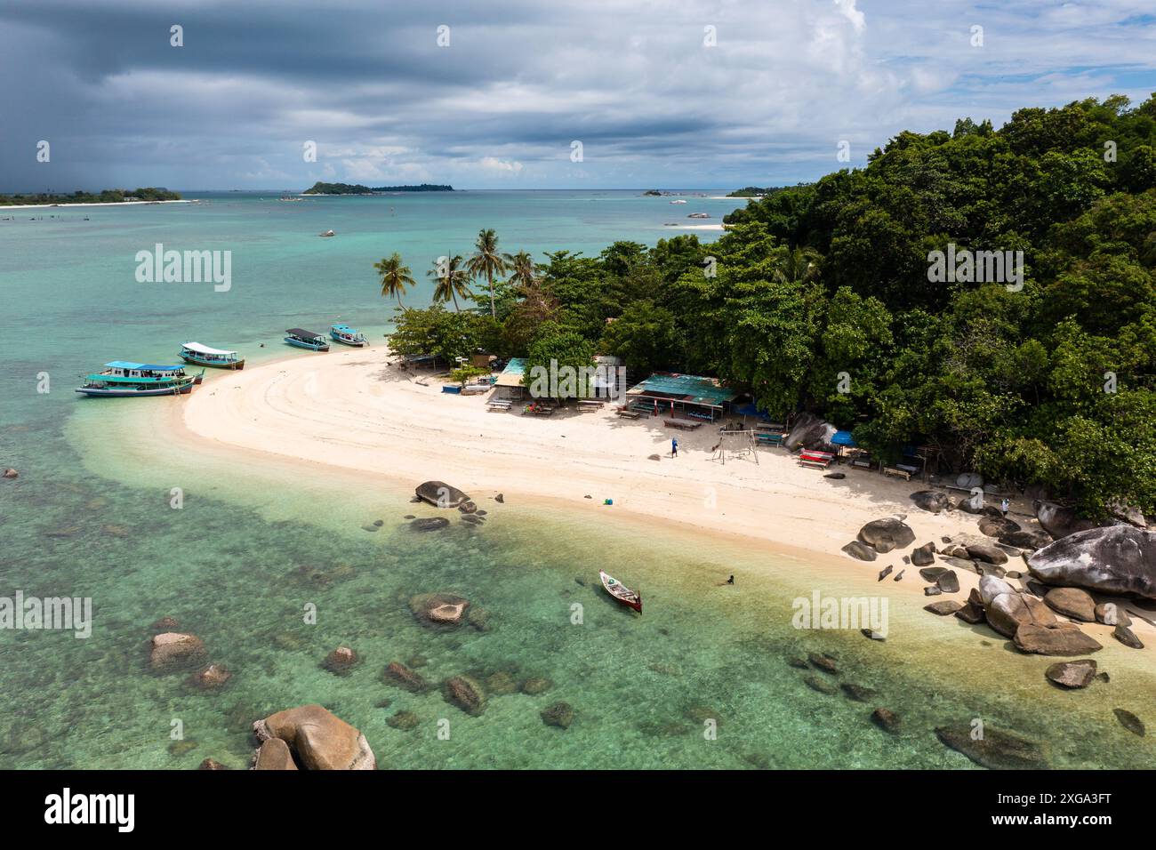 Belitung, Indonesia: Aerial view of the Kelayang island in Belitung in the Java sea in Indonesia, Southeast Asia. Stock Photo