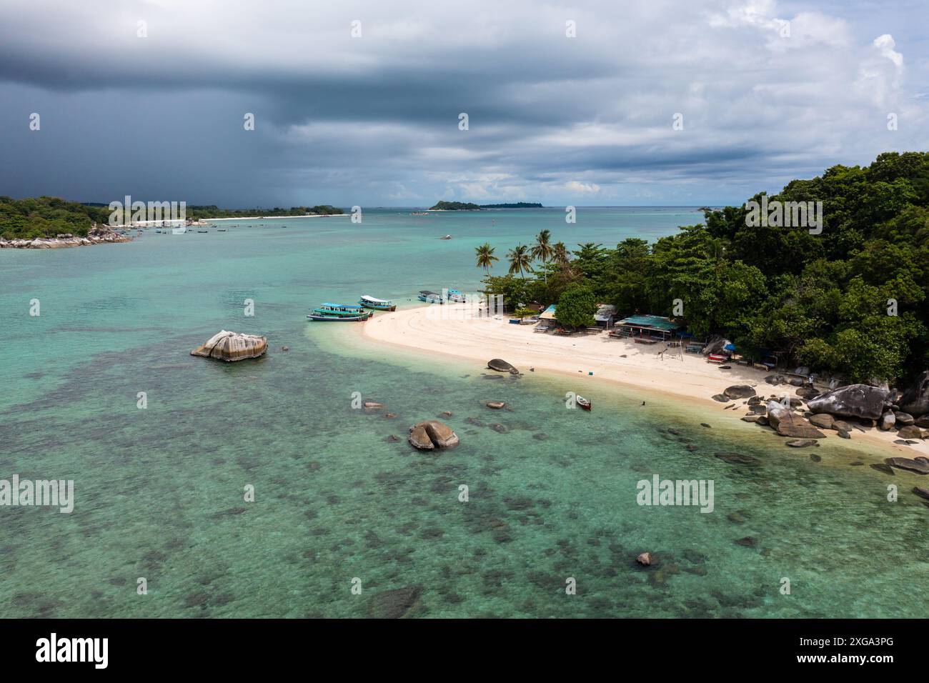 Belitung, Indonesia: Aerial view of the Kelayang island in Belitung in the Java sea in Indonesia, Southeast Asia. Stock Photo