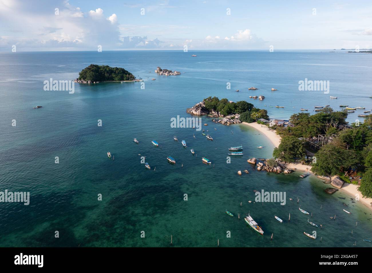 Belitung, Indonesia: Aerial view of the Kelayang beach and island with dramatic rocks in Belitung in the Java sea in Indonesia. Stock Photo