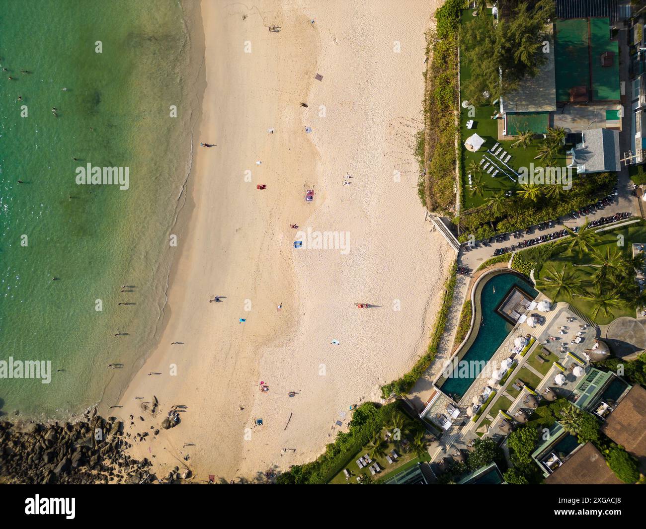 Phuket, Thailand: Aerial top down drone view of the idyllic Kata Noi beach in Phuket by the Andaman sea, a very popular tropical resort island. Stock Photo