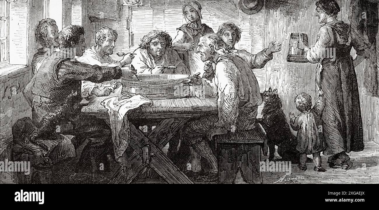 Danish farmers sitting at the table eating traditional food, Denmark, drawing by Lorenz Frolich (1820-1908) from Journey to Denmark, 1860 by Jean-Marie Dargaud (1800-1866) Le Tour du Monde 1862 Stock Photo