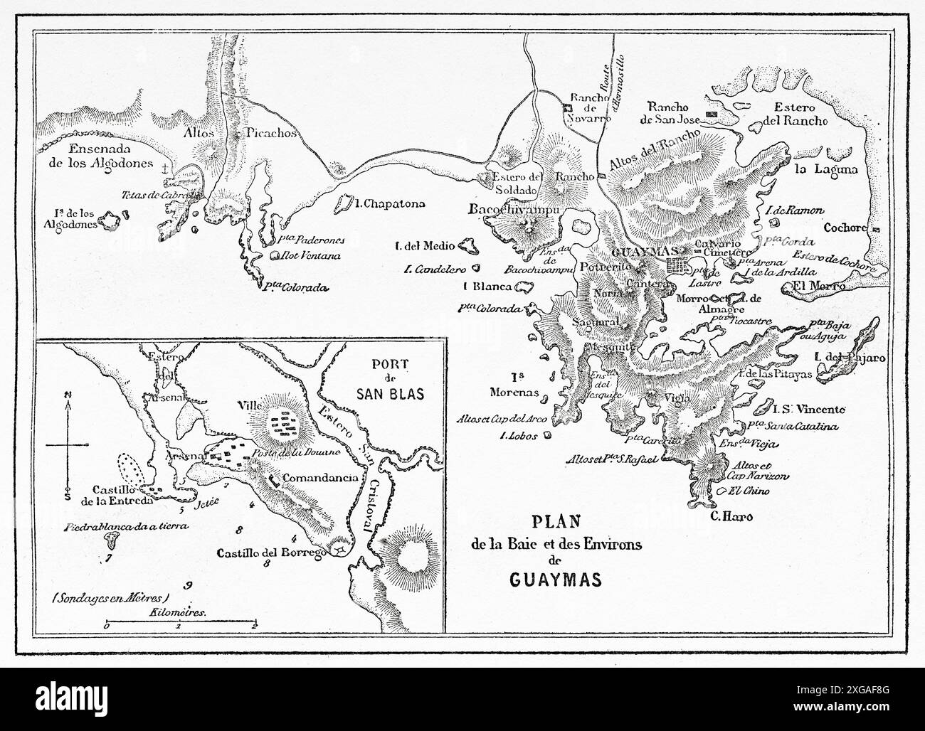 Old Map of the bay and surroundings of Guaymas, Mexican state of Sonora, Mexico. Travel in Mexico, 1854-1855 by Ernest Vigneaux. Le Tour du Monde 1862 Stock Photo