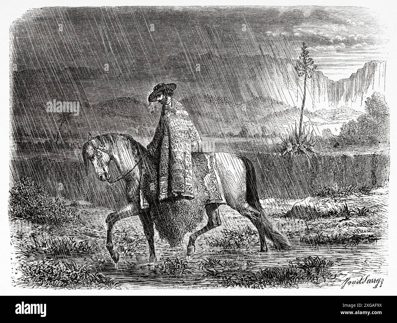 Rain gear for a journey, a man on horseback protecting himself from bad weather, Mexico, drawing by Janet Lange (1815-1872) Travel in Mexico, 1854-1855 by Ernest Vigneaux. Le Tour du Monde 1862 Stock Photo