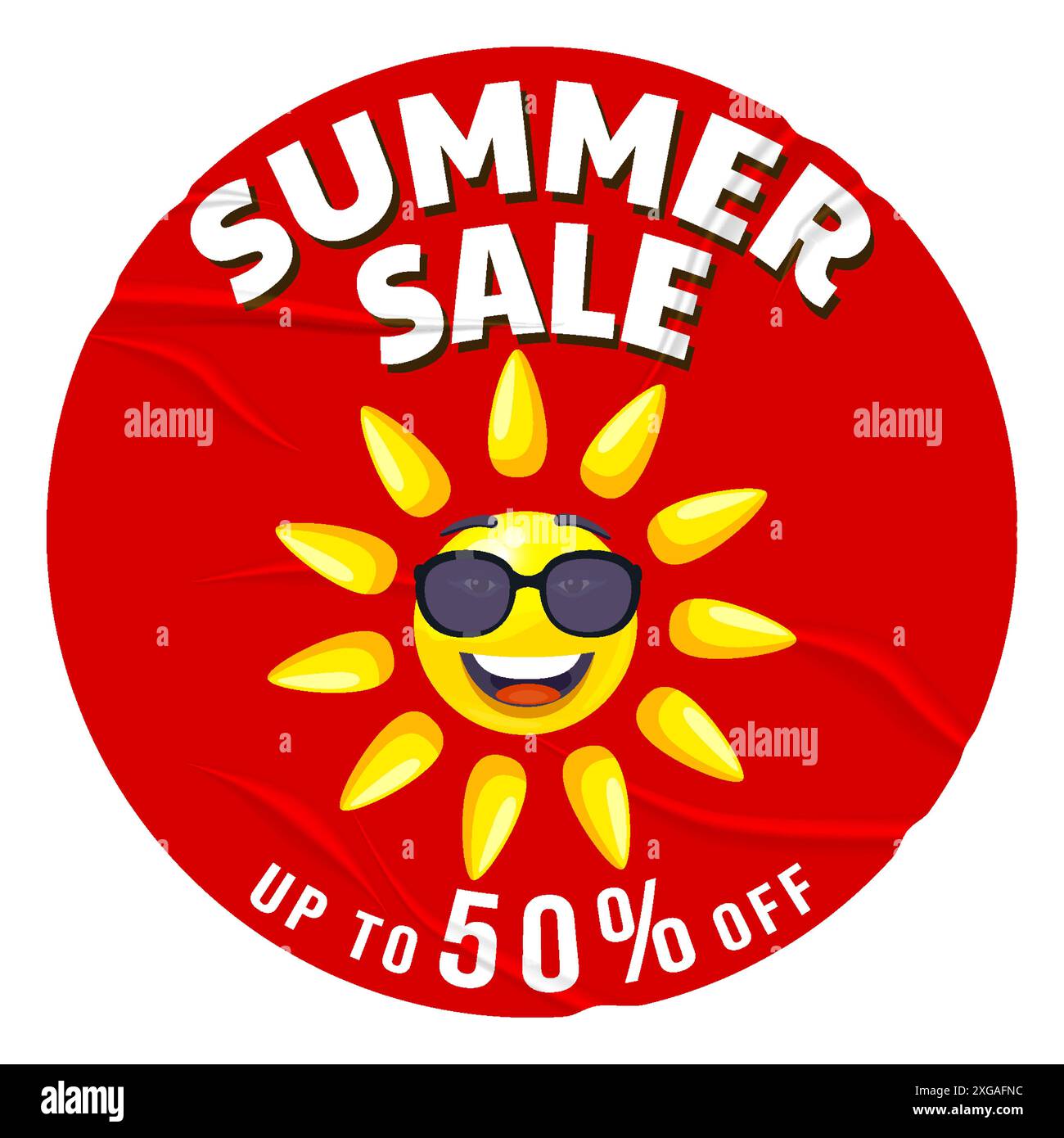 Sun Sales Summer Sale glued paper Sun cartoon in sunglasses, with wrinkles Stock ...