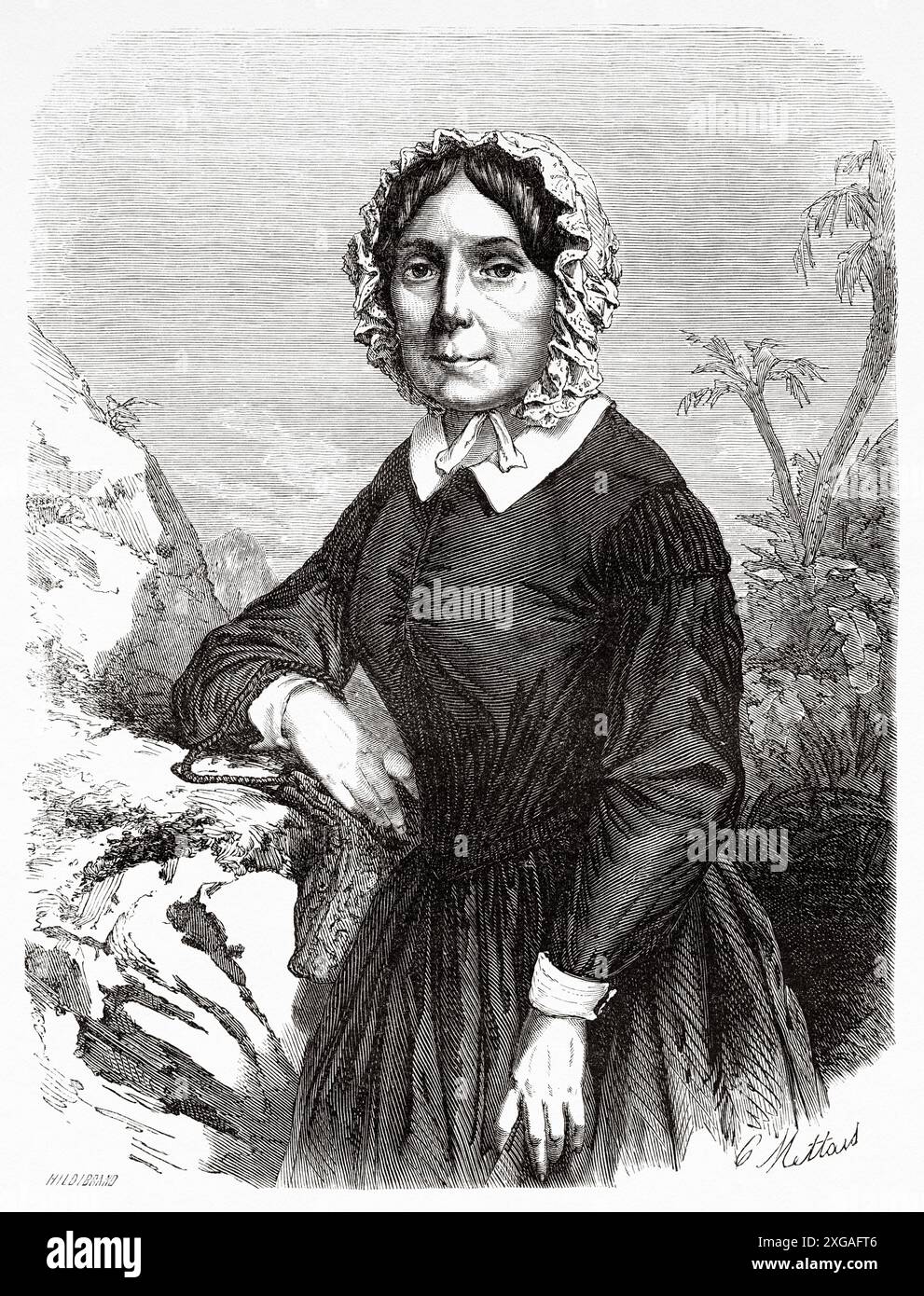 Portrait of Ida Laura Pfeiffer (1797-1858) was an Austrian explorer, travel writer, and ethnographer, became a famous early female traveler. Le Tour du Monde 1862 Stock Photo