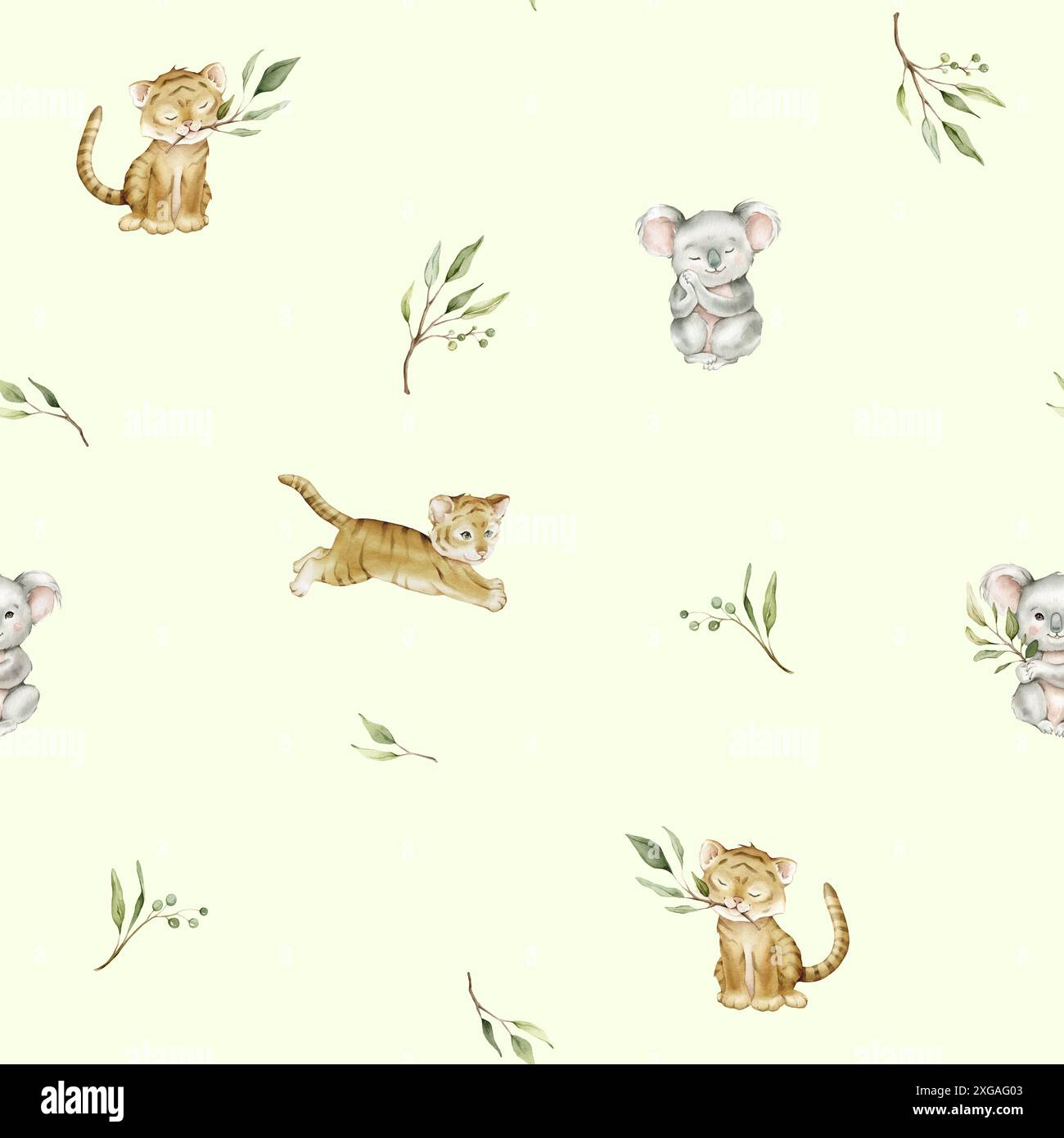 Seamless pattern with green eucalyptus leaves and cute tiger and koala ...