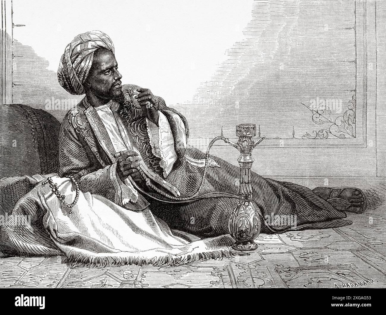 Yemeni interpreter man known as Ismael smoking a Hookah pipe, Yemen, Middle East, drawing by Auguste Hadamard (1823-1886) Voyage of Henri Lambert. Le Tour du Monde 1862 Stock Photo