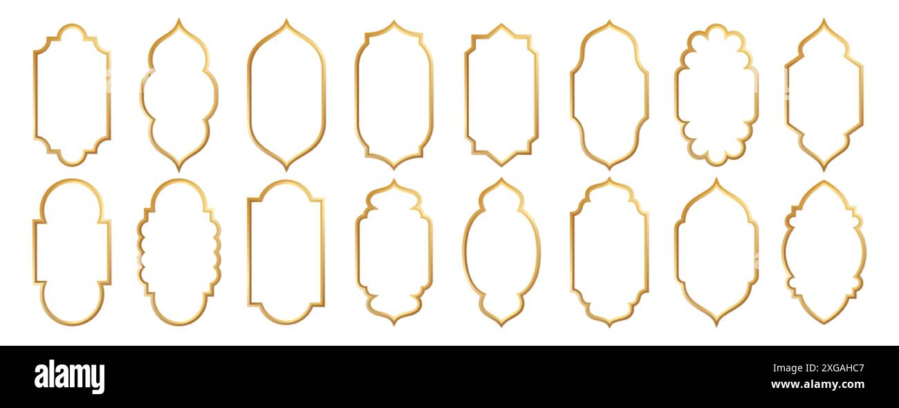 Gold islamic window shape. Arabic golden arch, ramadan kareem frames. Muslim mosque silhouette of moroccan border, portal. Eid mubarak oriental mirror set. Arabian arhitecture elements of door or gate Stock Vector