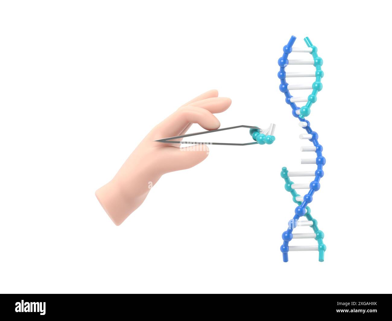 Cartoon Gesture Icon Mockup.Changing DNA concept. Manipulation DNA. Synthesis process. Doctor edits helix. Laboratory research.3D rendering on white b Stock Photo
