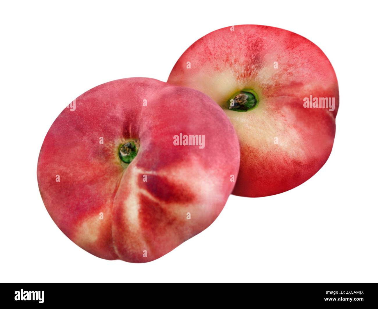 Two vine yard peaches isolated on white background Stock Photo