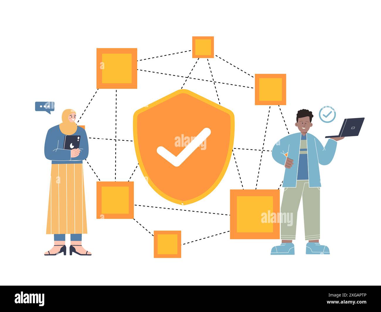 dApps decentralized applications software with block chain technology connected spread Stock Vector