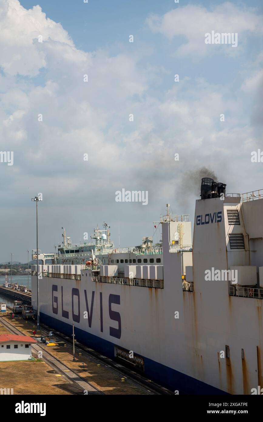 South Korean ship passing through Panama Canal at Miraflores Locks, Panama City, Panama, Central America Stock Photo