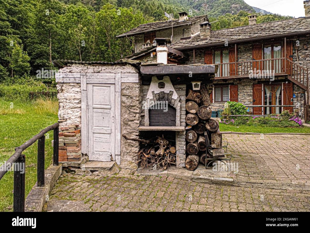 Italy Piedmont Val Grande Di Lanzo Cantoira Houses In Stone Wood fired 
