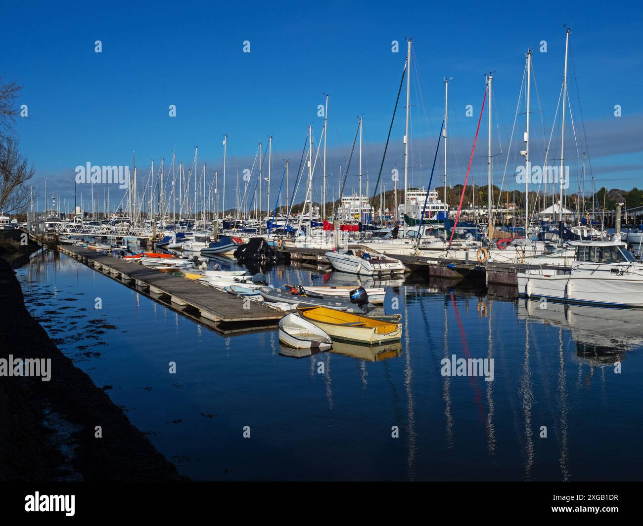 Pleasure boats and yachts with Wight Link ferries beyond, Lymington Harbour, Lymington, New Forest National Park, Hampshire, England, UK, November 202 Stock Photo