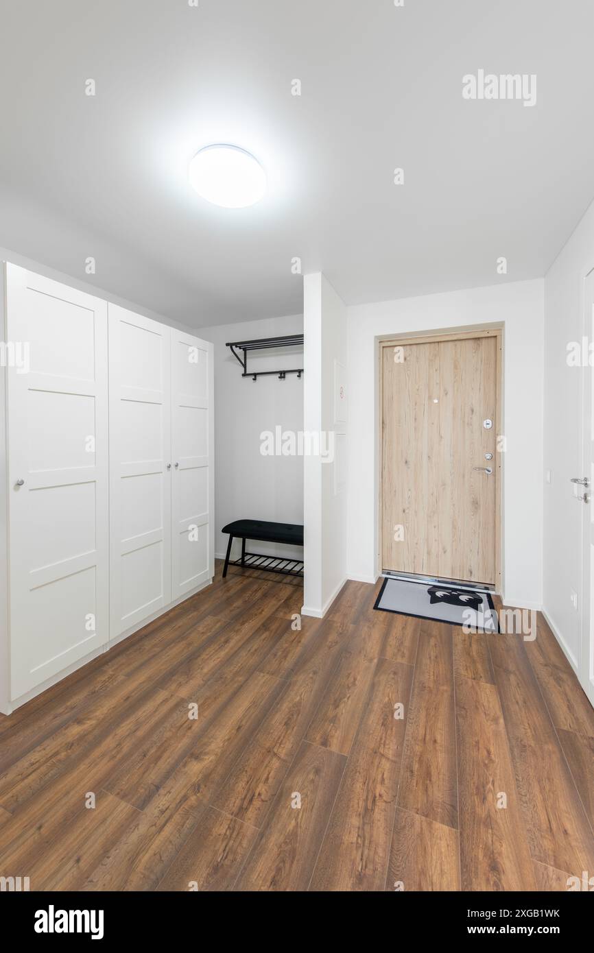 Home Entrance Hall. Interior. Wooden White Door, Brown Flooring and ...