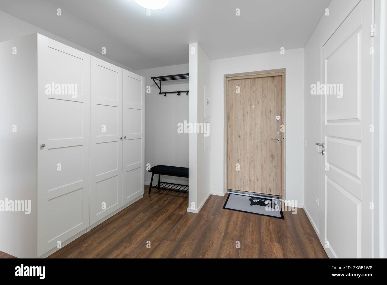 Home Entrance Hall. Interior. Wooden White Door, Brown Flooring and ...