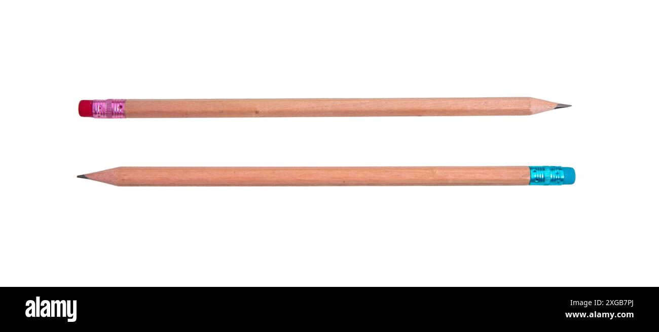 Pencils natural wood with erasers isolated on white, transparent, top view Stock Photo