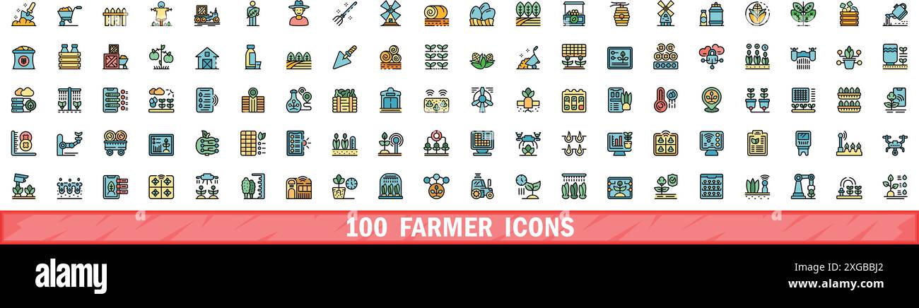 100 farmer icons set. Color line set of farmer vector icons thin line ...