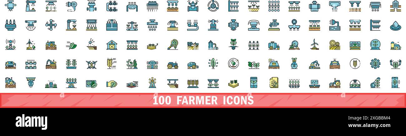 100 farmer icons set. Color line set of farmer vector icons thin line ...
