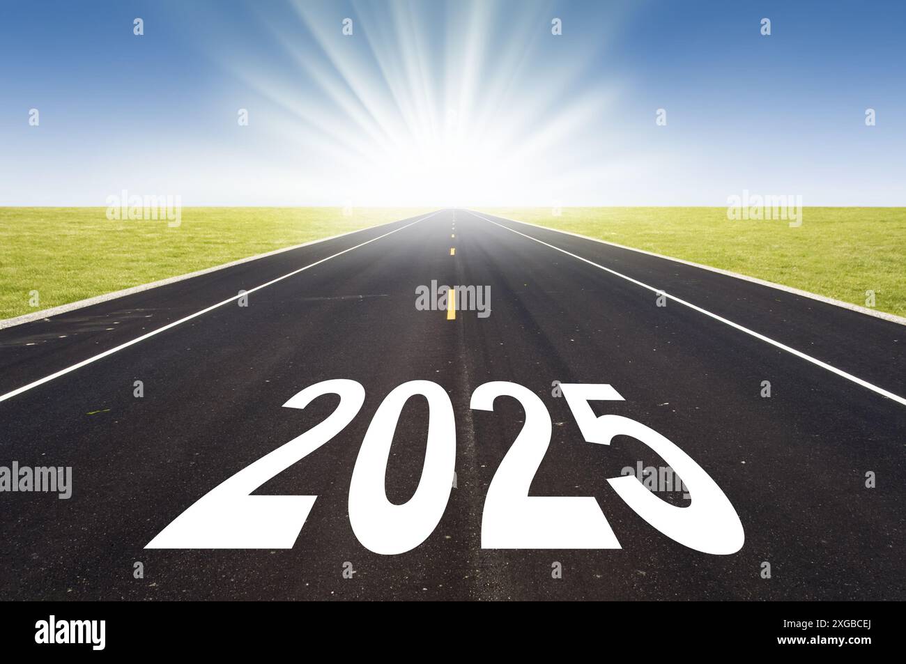 2025 road perspective with rising sun, hope and optimism new year ...