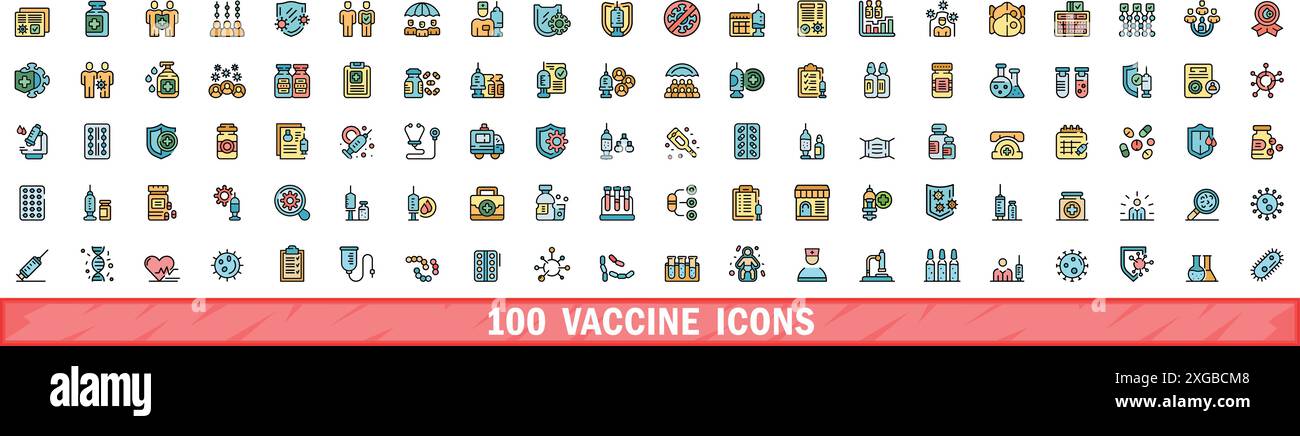 100 vaccine icons set. Color line set of vaccine vector icons thin line color flat on white Stock Vector