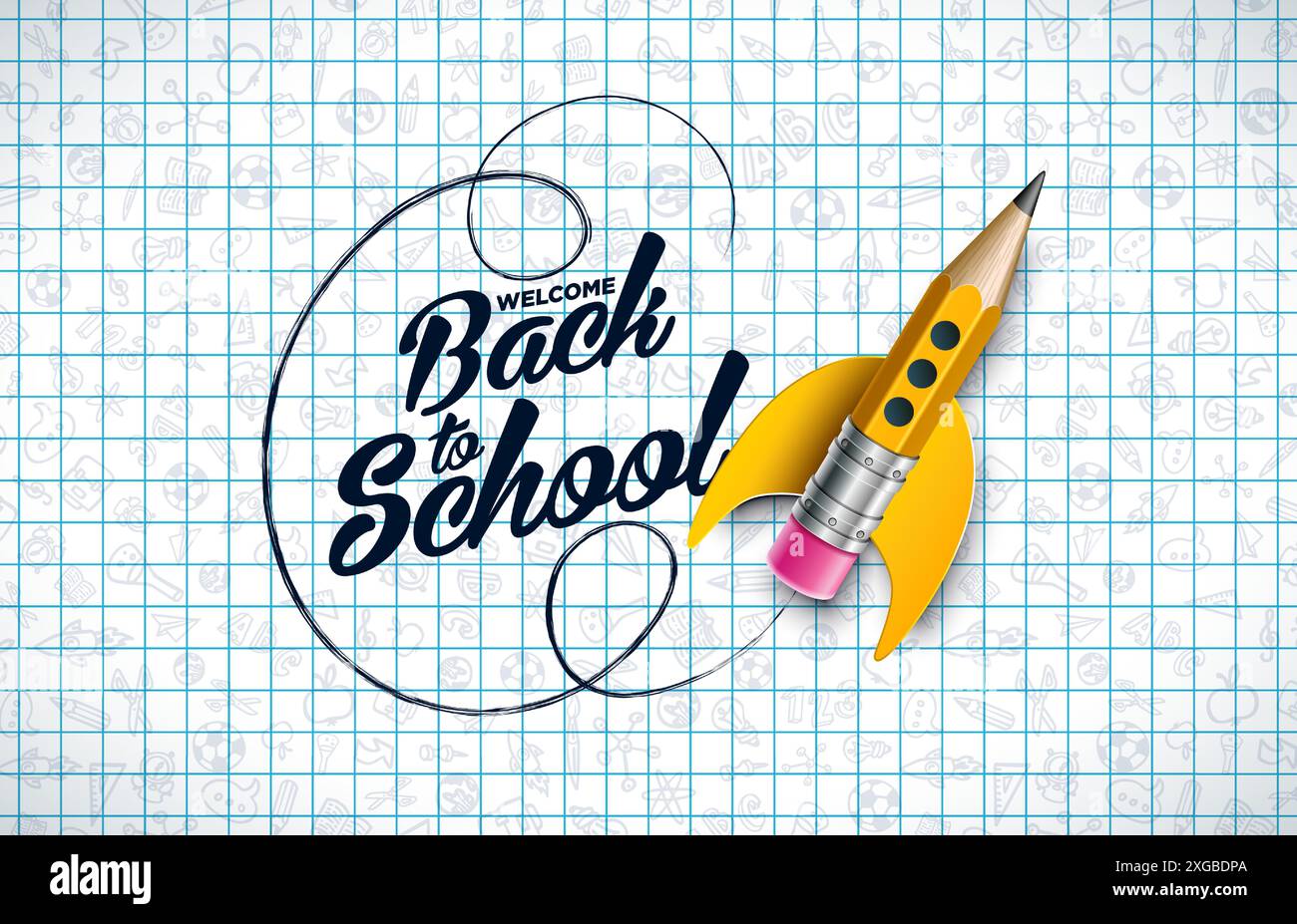 Back to School Design with Flying Rocket Pencil and Typography ...